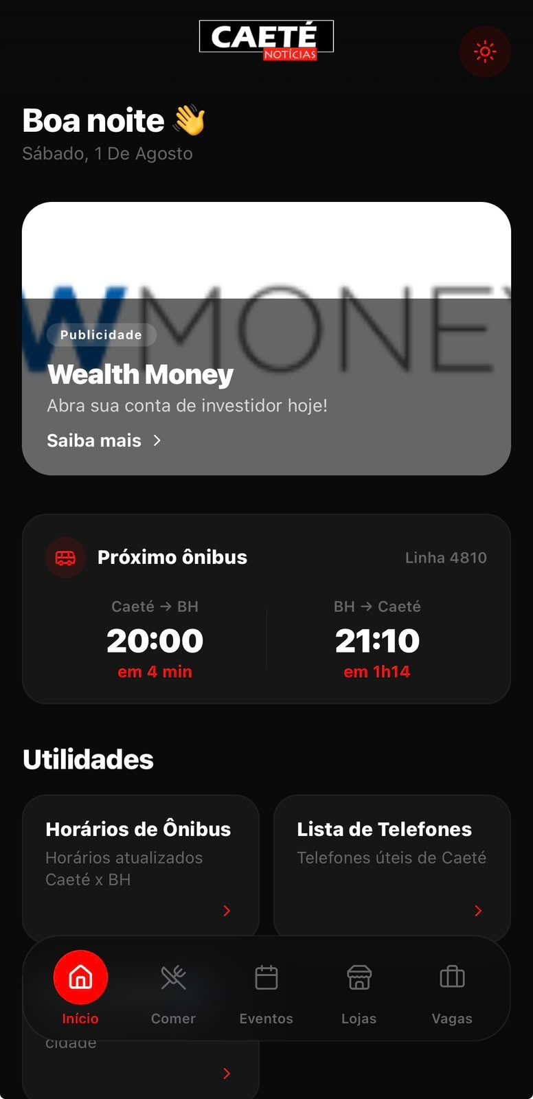 Tela do aplicativo Caeté Notícias