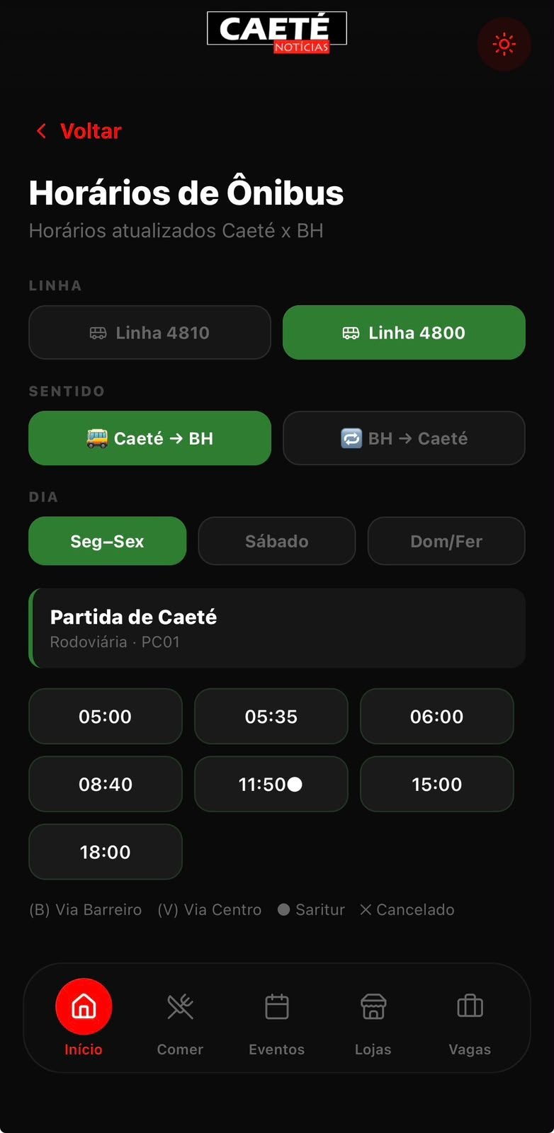 Tela do aplicativo Caeté Notícias