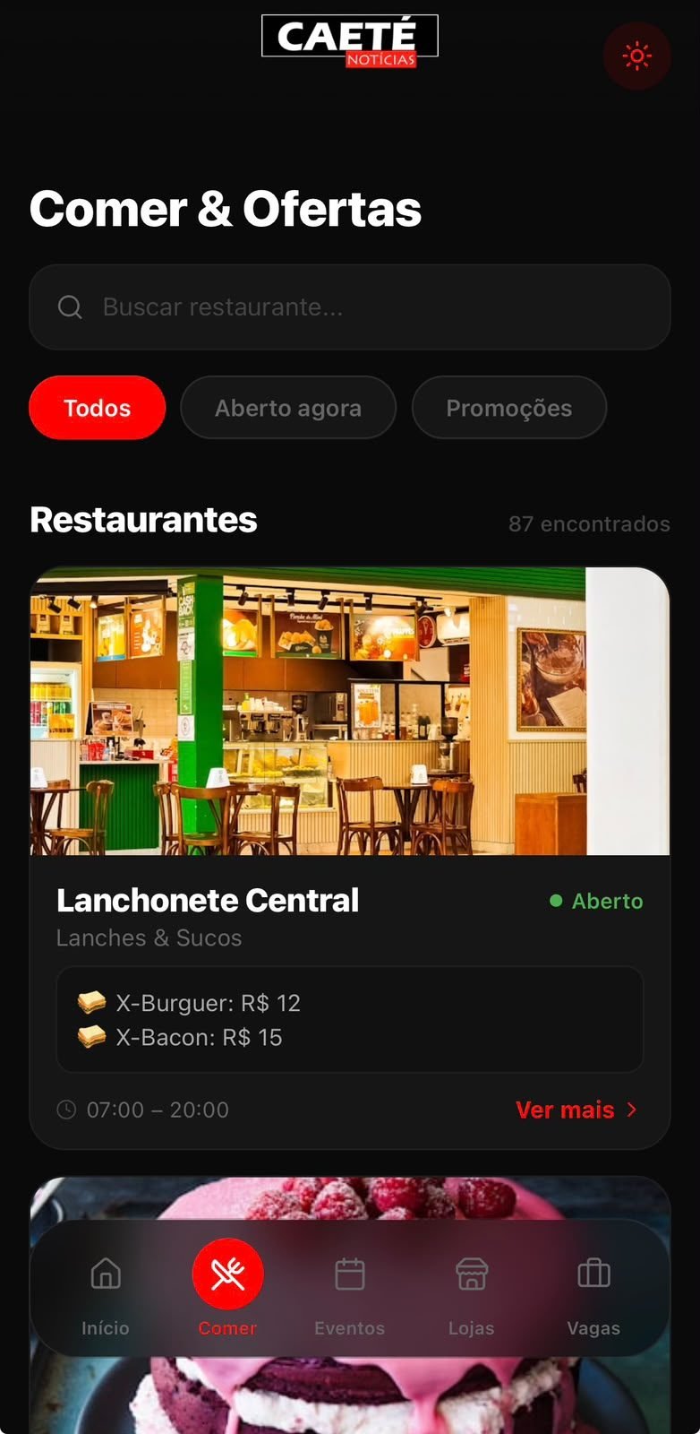 Tela do aplicativo Caeté Notícias