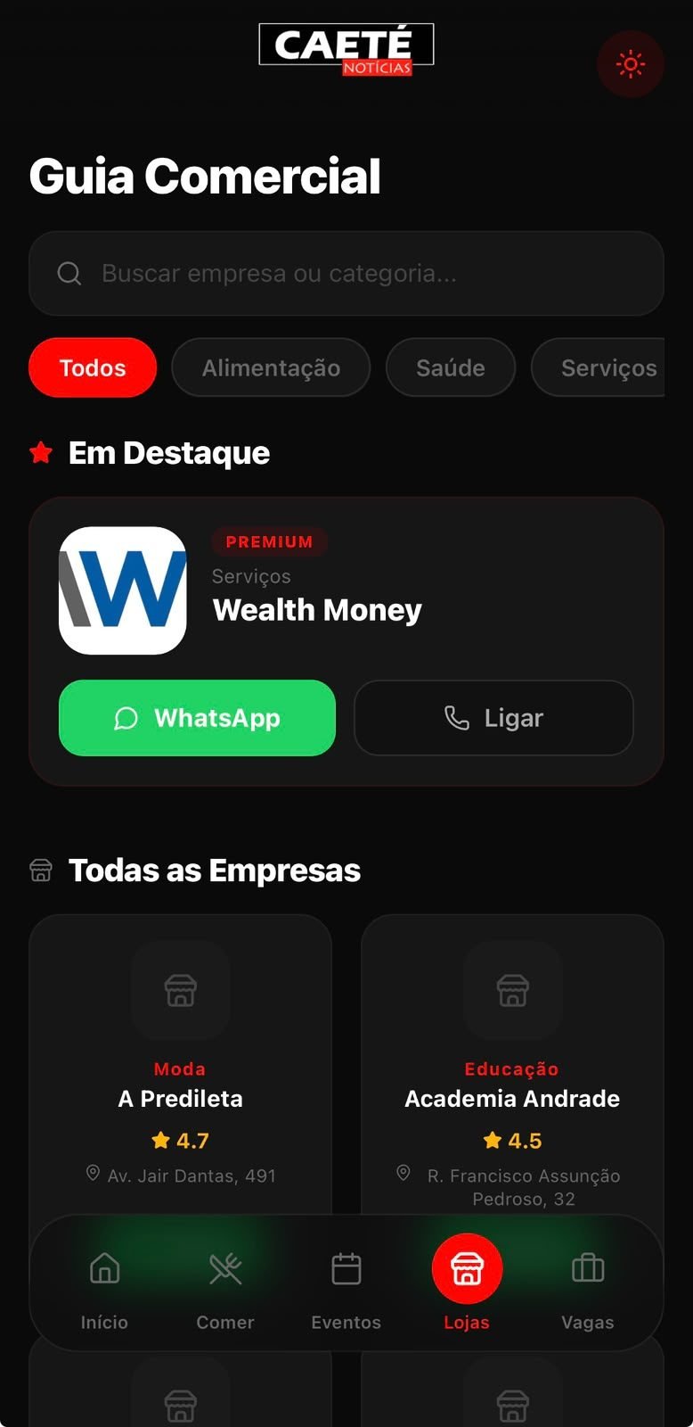 Tela do aplicativo Caeté Notícias