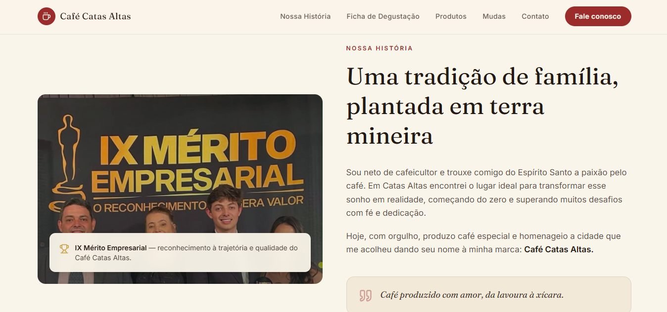 Seção Nossa História do site, com o texto do fundador ao lado da foto do IX Mérito Empresarial